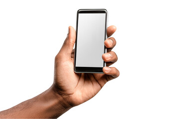Dark skin hand holding smartphone blank screen mockup