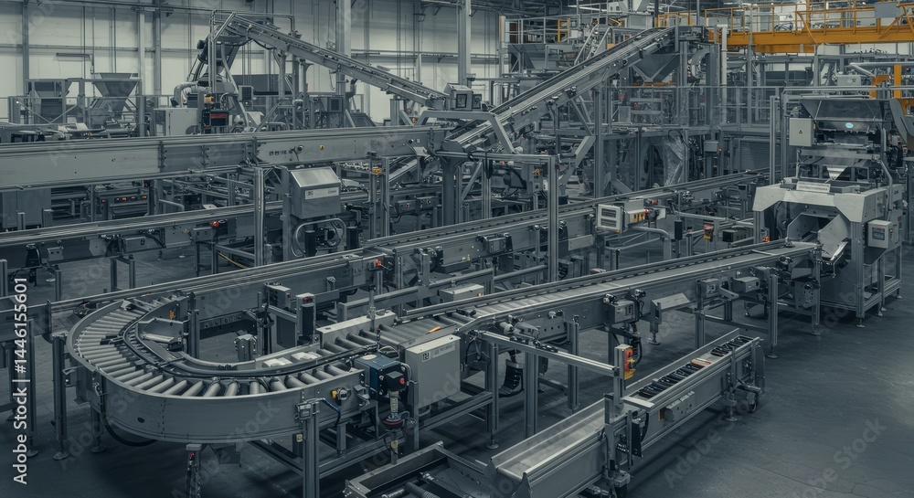 Poster automated conveyor belt system in modern factory - efficient industrial conveyor system, showcasing 