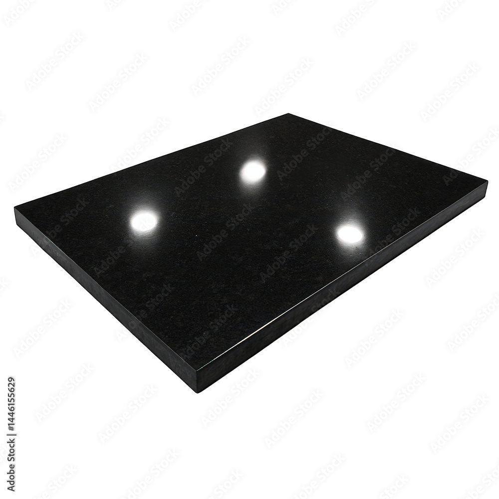 Poster a close-up view of a dark rectangular stone slab with a smooth, glossy finish and prominent light re