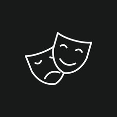 Minimalist Theater Masks Icon Comedy and Tragedy White Line Drawing on Black Background for Performing Arts Symbols