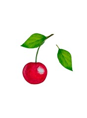 Set of ripe cherries with twig green leaves. Watercolor illustration on a white background, minimalist style.