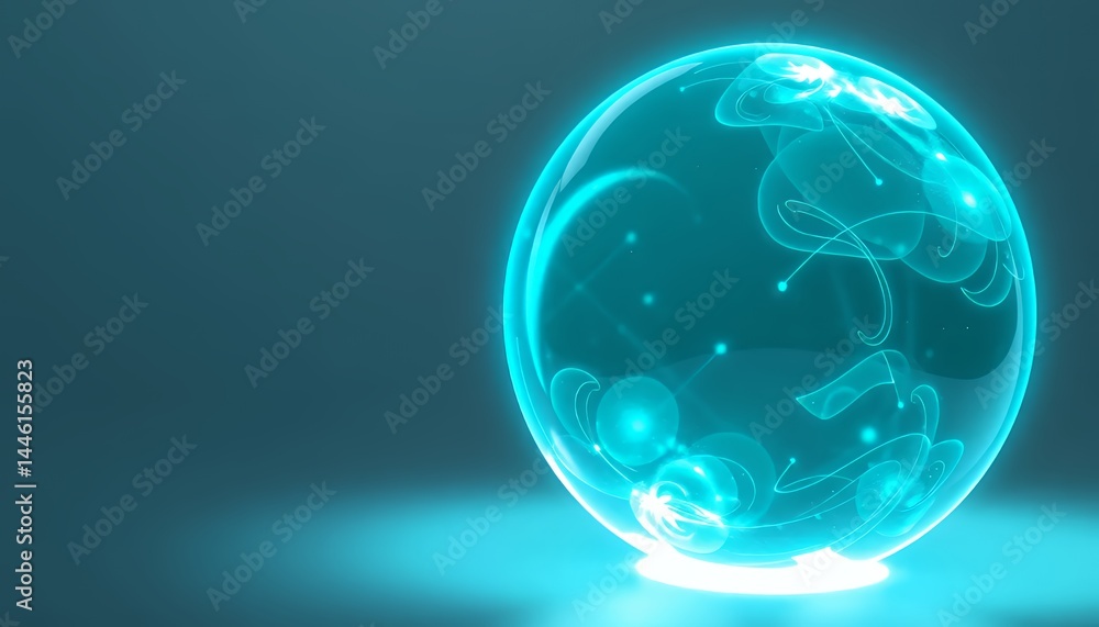 Poster cyan spherical design radiating a soft glow in an abstract geometric pattern representing future tec