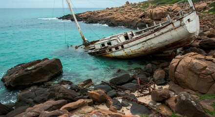 Wrecked sailboat on rocky coastline