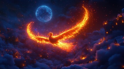 Obraz premium Fiery celestial bird soaring through a night sky.