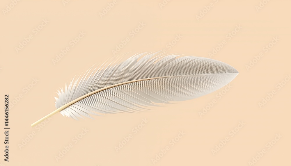 Poster elegant white feather displayed on soft peach background showcasing intricate barbs and fine texture