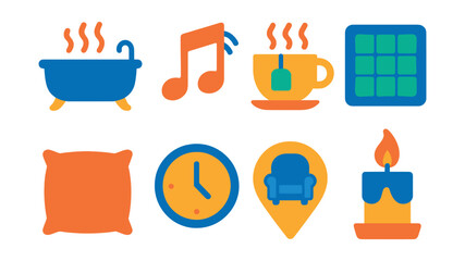 Flat vector icons of relaxation rituals: hot bath icon, calming music note, herbal tea cup, weighted blanket symbol, soft pillow icon, rest hour badge, cozy space marker, scented candle symbol.