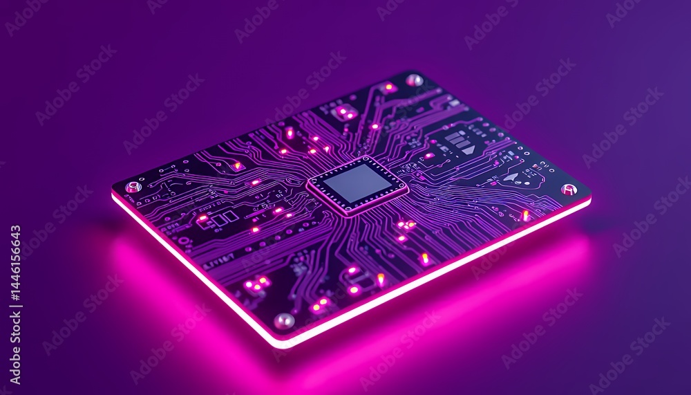 Poster illuminated circuit board with pink and purple lights microchip on dark background ideal for technol
