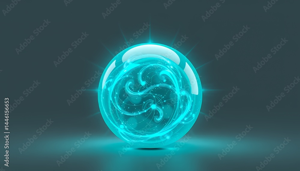 Poster illuminated turquoise orb with swirling light patterns radiating energy on neutral backdrop perfect 