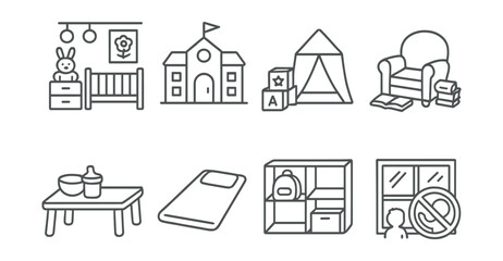 Line style icons of childcare environments: nursery room, daycare center, play corner, reading nook, snack table, nap mat, cubby shelf, window safety.