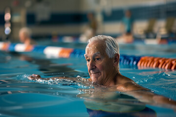 An elderly man is gracefully swimming in a large swimming pool. Generative AI