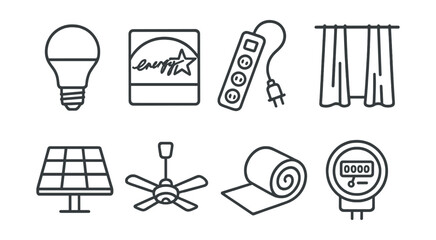 Fototapeta premium Line style icons of energy efficiency: LED bulb, energy star, power strip, thermal curtain, solar panel, ceiling fan, insulation roll, energy meter.
