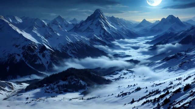 Majestic Full Moon Rising Over Snowy Mountain Peaks



