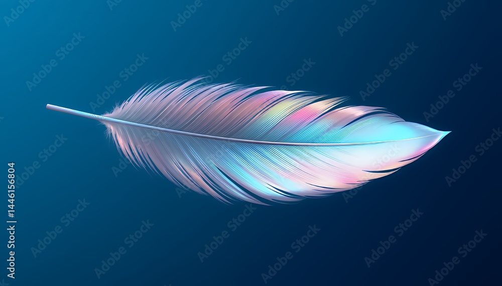 Poster iridescent feather with play of light against deep teal gradient background in high detail digital r