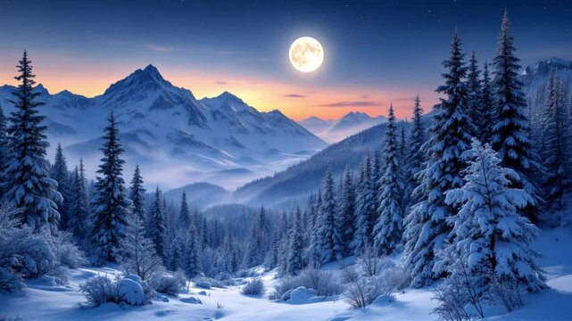 Majestic Full Moon Rising Over Snowy Mountain Peaks



