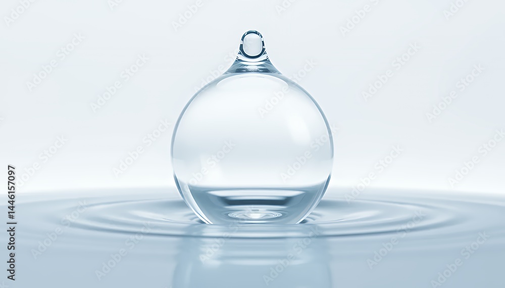 Poster pure clear water droplet suspended above rippling pool on white background with circular patterns cl