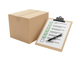 A cardboard box with a clipboard showing checked boxes and a pen isolated on transparent background
