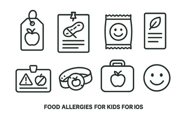 Line style icons of food allergies for kids: lunch alert tag, classroom note, allergy-free snack, ingredient label icon, food safety card, alert wristband, lunchbox sticker, safe food smile.