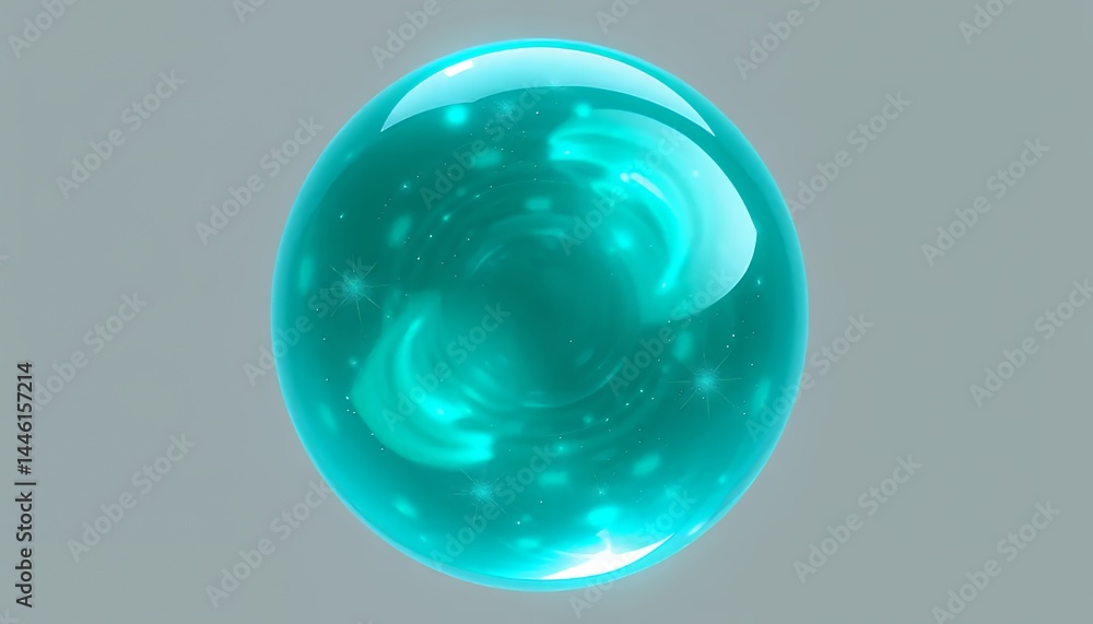 Poster radiant turquoise orb with swirling vortex effect against soft gray backdrop captivating digital art