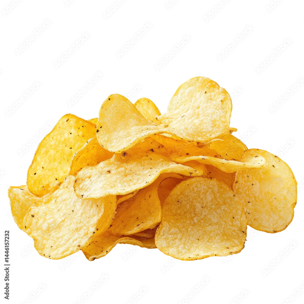 Poster a delightful stack of crispy potato chips on a clean transparent background ready for snacking at an