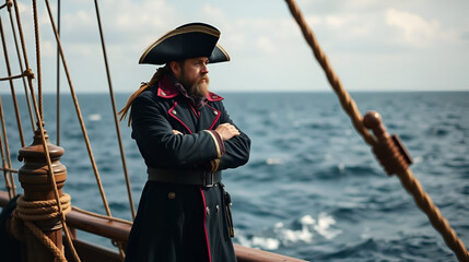 Obraz premium A pirate captain with a long coat and tricorn hat, standing on the bow of a ship, arms crossed, looking out at the sea.