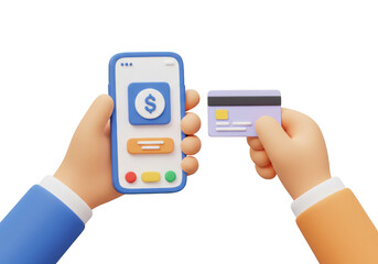 Cartoon hands holding a smartphone with a dollar sign and a credit card isolated isolated on transparent background