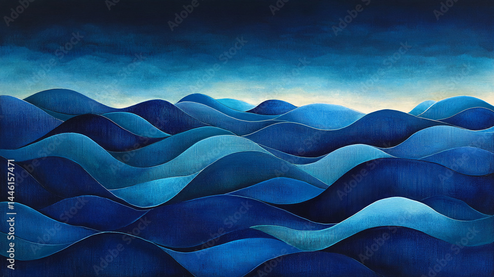 Poster abstract painting of blue waves, creating a calm and serene seascape, symbolizing tranquility and pe