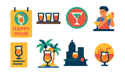Flat vector icons of cocktail events and themes: happy hour sign, tasting flight with samples, cocktail party badge, bartending workshop icon, themed drink menu, beach cocktail night, rooftop bar