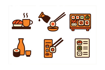 Obraz premium Flat vector icons of sushi dining experience: sushi with hot tea, soy sauce pouring icon, dipping roll moment, sharing platter on table, sushi and sake combo, chopsticks lifting sushi, tasting menu