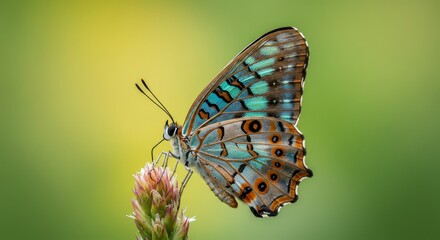 Naklejka premium Azure Beauty: Butterfly on Bloom - A vibrant butterfly rests delicately on a flower, symbolizing beauty, transformation, freedom, nature, and grace