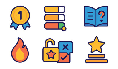 Flat vector icons of gamified learning: achievement badge, level tracker, XP progress bar, knowledge challenge icon, daily streak flame, unlocked reward icon, quiz battle mode, leaderboard star.