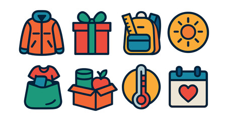 Flat vector icons of seasonal charity drives: winter coat donation icon, holiday gift box, back-to-school supply drive, summer relief fund badge, spring clean giving bag, food drive poster, seasonal