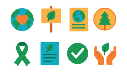Flat vector icons of green activism: earth with heart icon, protest sign for nature, eco awareness flyer, plant more trees badge, climate action ribbon, environmental pledge form, sustainability