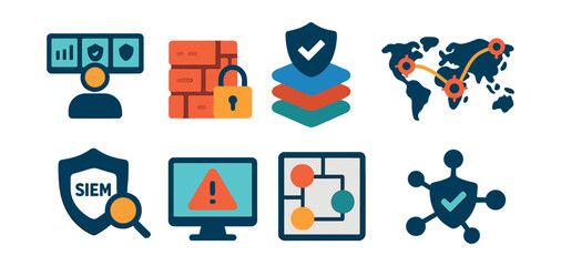 Flat vector icons of cybersecurity infrastructure: security operations center icon, data firewall stack, layered defense system, cyber threat map, SIEM platform badge, alert monitoring screen,