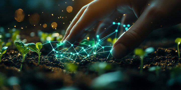 Hand gently interacts with seedlings, glowing network connecting plants, symbolizing technological advancement in agriculture or growth monitoring