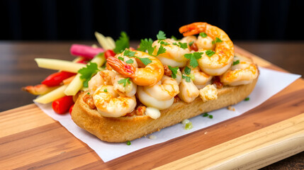 New Orleans Shrimp PoBoy on French Bread and vegetables on a wooden board.