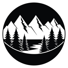 Obraz premium Majestic Mountain Range and River Landscape Black and White Illustration
