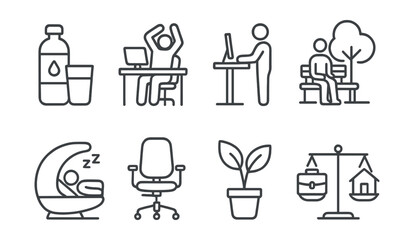 Line style icons of workplace wellbeing: water break, desk stretch, standing desk, wellness break, nap pod, ergonomic chair, nature plant, work-life balance.