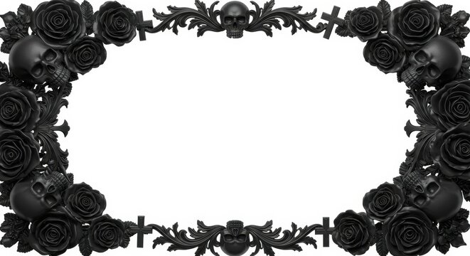 Black Roses and Skulls Frame - Elegant black and white border design featuring black roses, skulls, and ornate details. Perfect for gothic or dark aesthetic projects