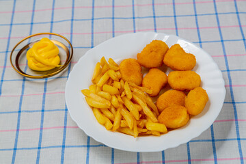 French fries and crispy nuggets in a plate on a white checkered tablecloth