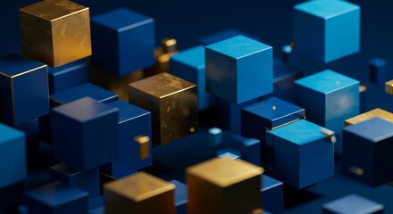 Blue and Gold Cubes: Dynamic Innovation - Abstract symbolizing technology, innovation, connection, data flow, and future progress. Blue and gold cubes float in dark blue space