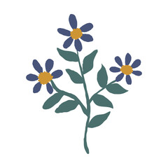 Green stem bearing three flowers with yellow stamens and navy blue leaves