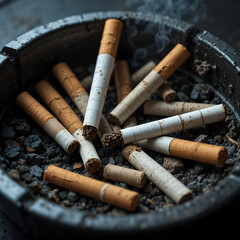 Quit Smoking - Broken unsmoked cigarettes in a dark ashtray