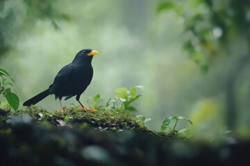Fototapeta premium Common hill myna searches for food in lush forest environment during early morning, A common hill myna looking for food in forest