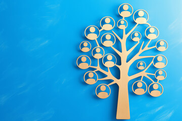 Business image of wooden tree with people icons over blue table, human resources and management concept