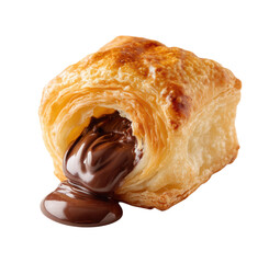 A Golden-Brown Flaky Puff Pastry Filled with Smooth, Melted Chocolate Oozing Out, Captured in a Close-Up View, Isolated on Transparent and White Background