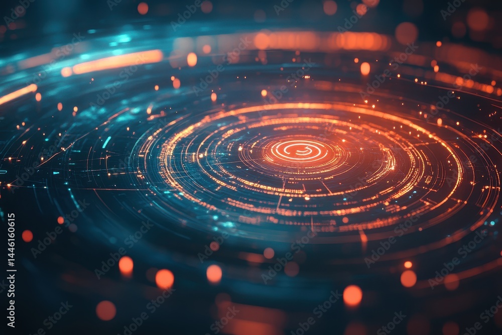 Poster futuristic circular patterns illuminated with vibrant colors and dynamic light effects, 5g written i