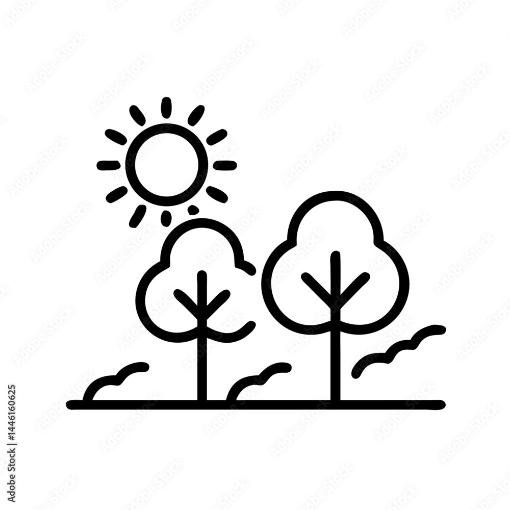 Poster trees with sun nature landscape vector on transparent background for web and graphic design