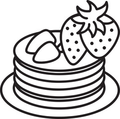 pancakes and strawberries line art, black outline, vector and illustration, coloring book page line art drawing