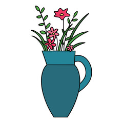 Turquoise vase with pink flower arrangement