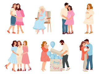 Vector illustration set of pregnant women with friends, partners and newborn Tender moments of pregnancy, gender reveal baby shower and motherhood Warm family atmosphere and love during expecting baby